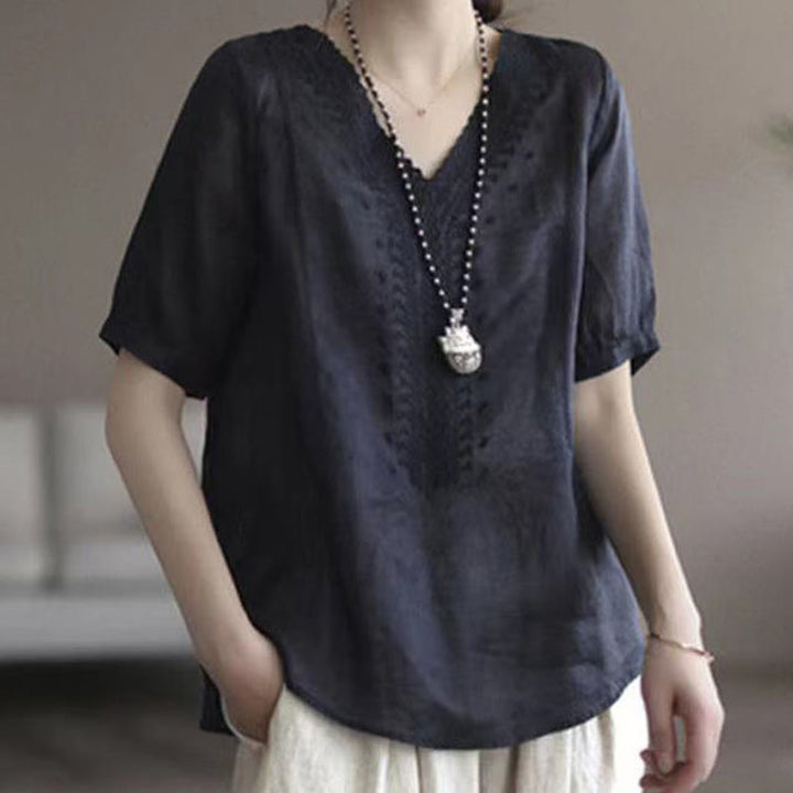 T-shirt d'été décontracté en coton et lin à manches mi-longues et col en V pour femme avec motif brodé Buddha Stones