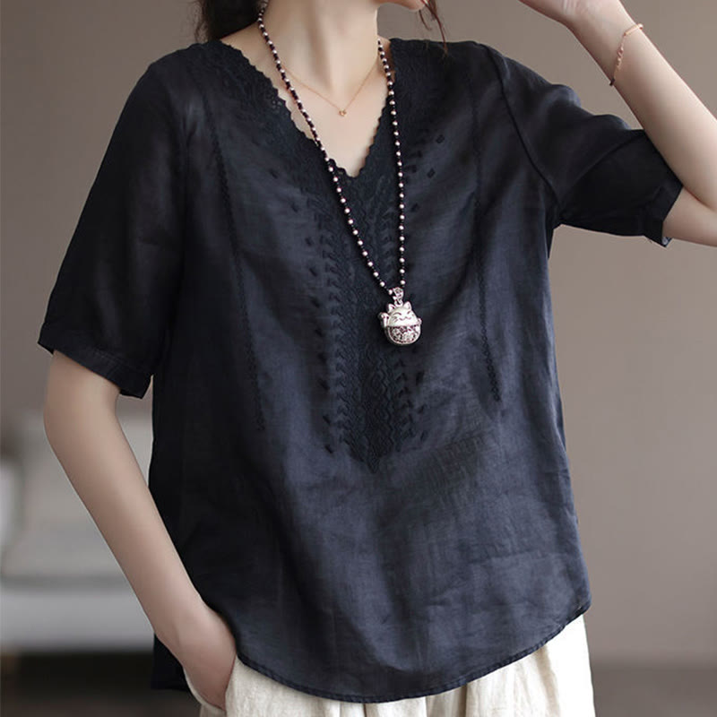 T-shirt d'été décontracté en coton et lin à manches mi-longues et col en V pour femme avec motif brodé Buddha Stones
