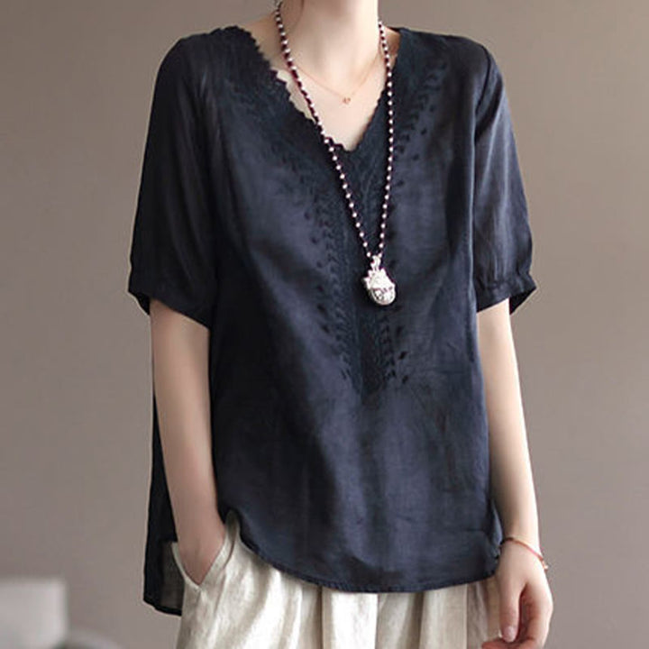 T-shirt d'été décontracté en coton et lin à manches mi-longues et col en V pour femme avec motif brodé Buddha Stones