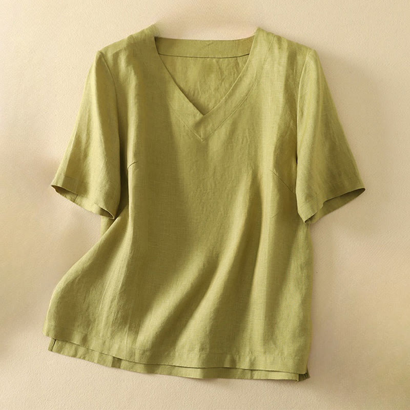 T-shirt d'été décontracté pour femme, en polyester uni, à col en V et manches courtes, motif Buddha Stones - JauneVert - US8-10，UK/AU12-14，EU40-42 (2XL) - image 0