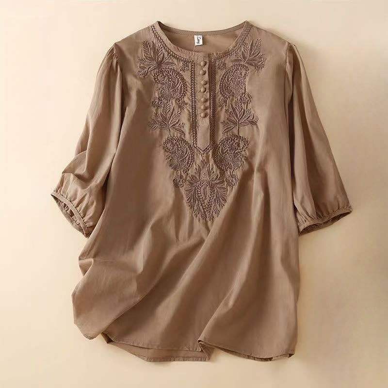 Chemise décontractée en coton et lin à manches mi-longues et col ras du cou pour femme avec motif floral brodé Buddha Stones - SaddleBrown - US8-10，UK/AU12-14，EU40-42 (2XL) - image 0