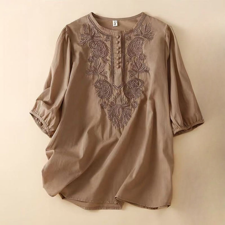 Chemise décontractée en coton et lin à manches mi-longues et col ras du cou pour femme avec motif floral brodé Buddha Stones - SaddleBrown - US8-10，UK/AU12-14，EU40-42 (2XL) - image 0