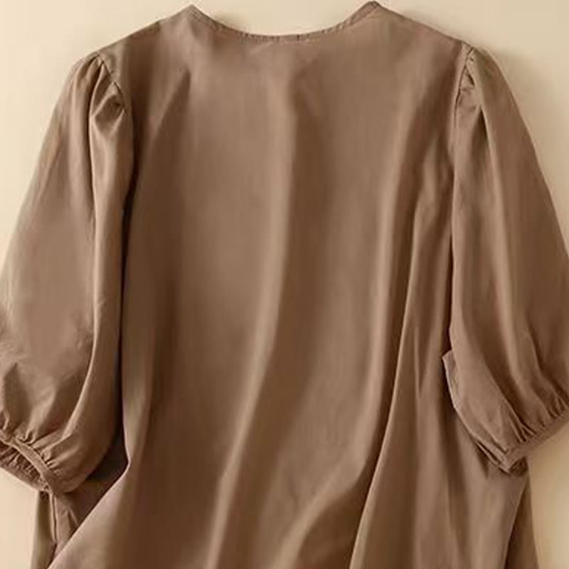 Chemise décontractée en coton et lin à manches mi-longues et col ras du cou pour femme avec motif floral brodé Buddha Stones - image 1