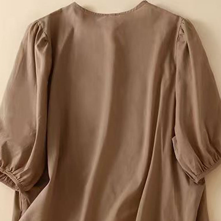 Chemise décontractée en coton et lin à manches mi-longues et col ras du cou pour femme avec motif floral brodé Buddha Stones - image 1