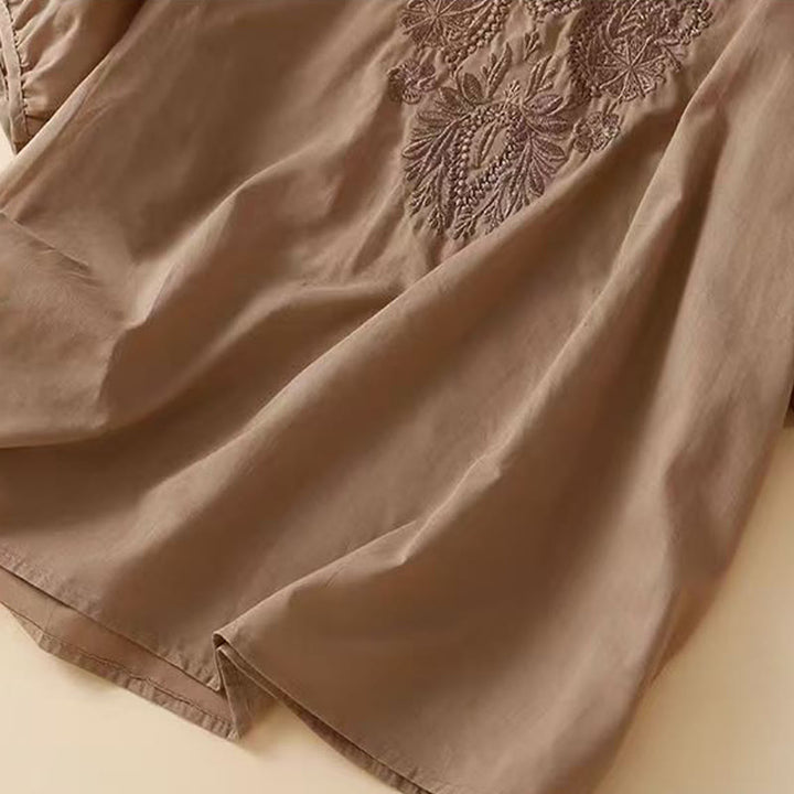 Chemise décontractée en coton et lin à manches mi-longues et col ras du cou pour femme avec motif floral brodé Buddha Stones - image 7