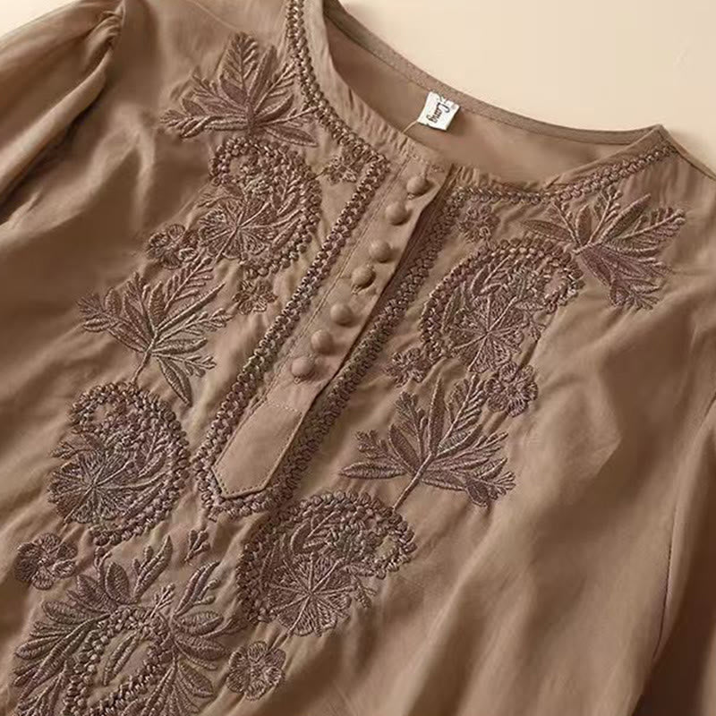 Chemise décontractée en coton et lin à manches mi-longues et col ras du cou pour femme avec motif floral brodé Buddha Stones - image 2