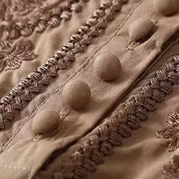 Chemise décontractée en coton et lin à manches mi-longues et col ras du cou pour femme avec motif floral brodé Buddha Stones - image 5