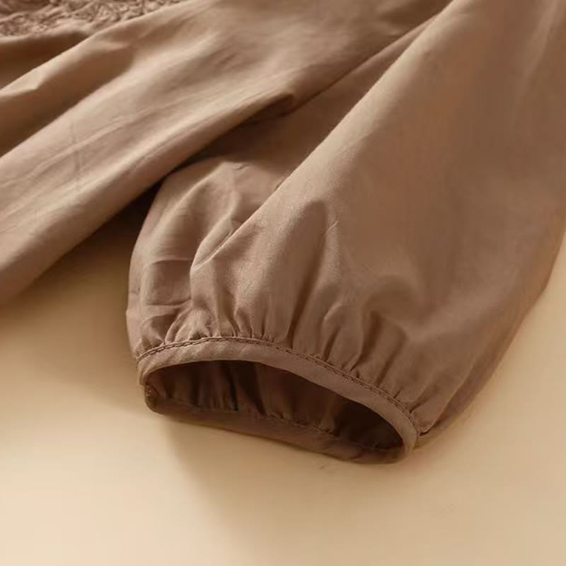 Chemise décontractée en coton et lin à manches mi-longues et col ras du cou pour femme avec motif floral brodé Buddha Stones - image 4