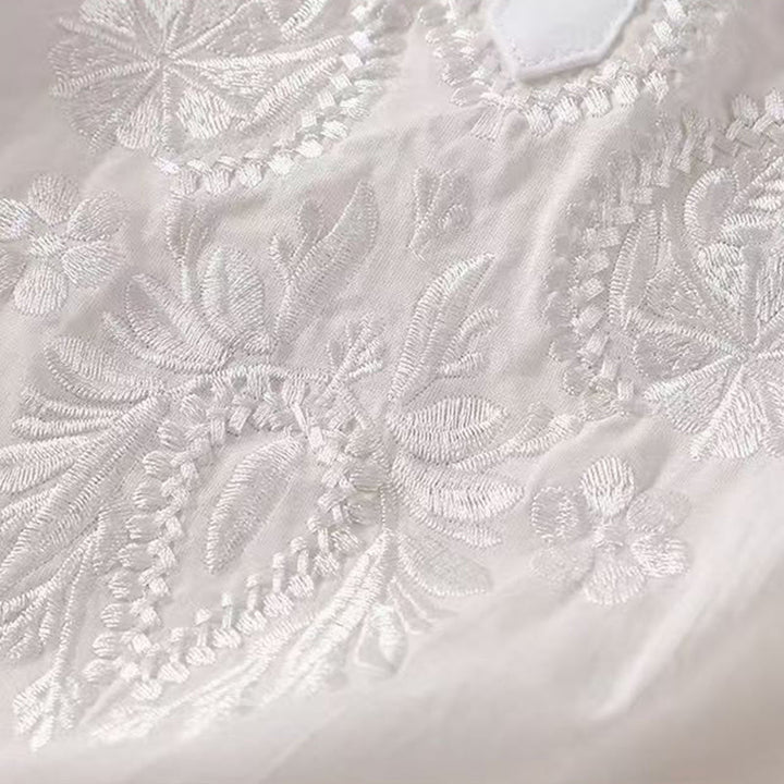 Chemise décontractée en coton et lin à manches mi-longues et col ras du cou pour femme avec motif floral brodé Buddha Stones - image 12