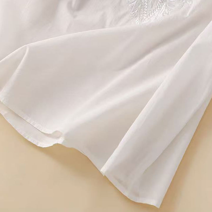 Chemise décontractée en coton et lin à manches mi-longues et col ras du cou pour femme avec motif floral brodé Buddha Stones - image 11