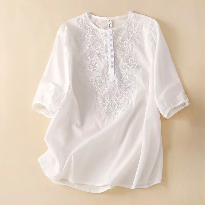 Chemise décontractée en coton et lin à manches mi-longues et col ras du cou pour femme avec motif floral brodé Buddha Stones - Blanc - US8-10，UK/AU12-14，EU40-42 (2XL) - image 9