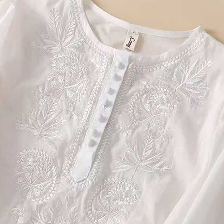 Chemise décontractée en coton et lin à manches mi-longues et col ras du cou pour femme avec motif floral brodé Buddha Stones - image 13