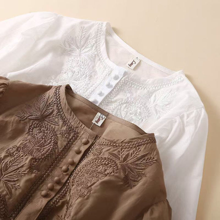 Chemise décontractée en coton et lin à manches mi-longues et col ras du cou pour femme avec motif floral brodé Buddha Stones - image 15