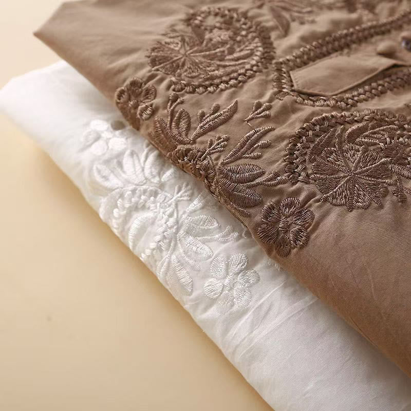 Chemise décontractée en coton et lin à manches mi-longues et col ras du cou pour femme avec motif floral brodé Buddha Stones - image 16