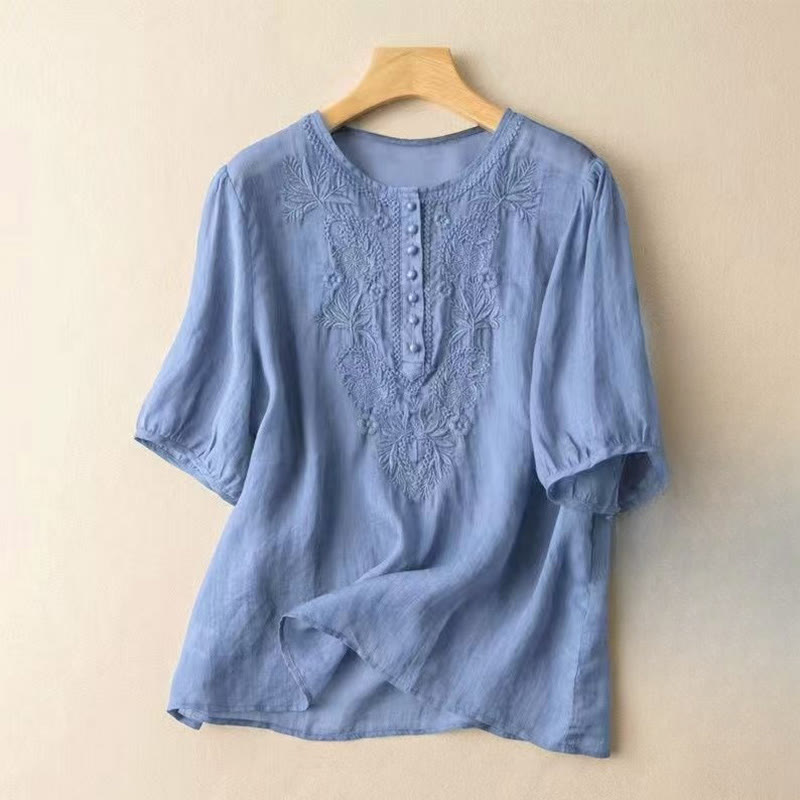 Chemise décontractée en coton et lin à manches mi-longues et col ras du cou pour femme avec motif floral brodé Buddha Stones - Bleuet - US8-10，UK/AU12-14，EU40-42 (2XL) - image 17