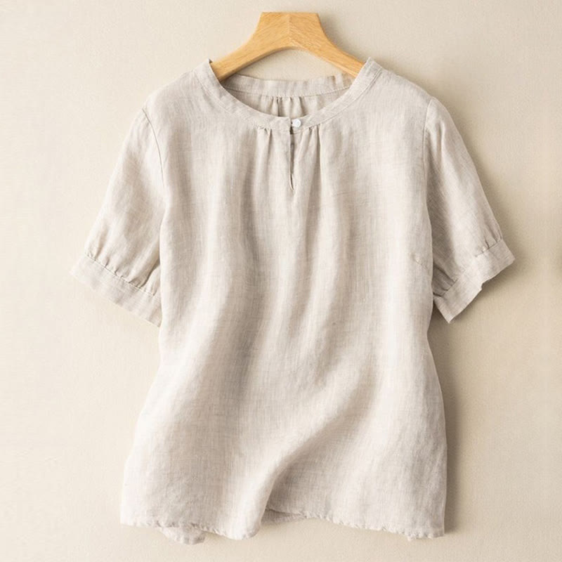 Chemise en lin décontractée pour femme, col rond uni, manches courtes, à boutons, motif Buddha Stones - Beige - US8-10，UK/AU12-14，EU40-42 (2XL) - image 0