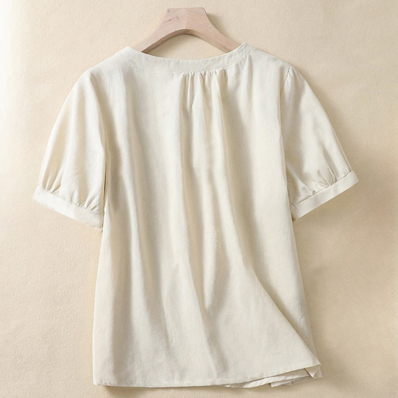 Chemise en lin décontractée pour femme, col rond uni, manches courtes, à boutons, motif Buddha Stones - image 1