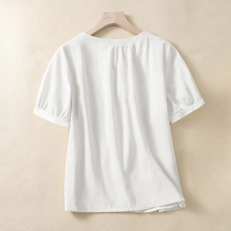 Chemise en lin décontractée pour femme, col rond uni, manches courtes, à boutons, motif Buddha Stones - image 3