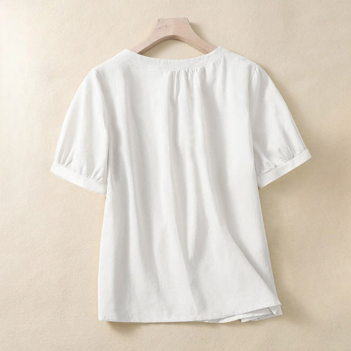 Chemise en lin décontractée pour femme, col rond uni, manches courtes, à boutons, motif Buddha Stones - image 3