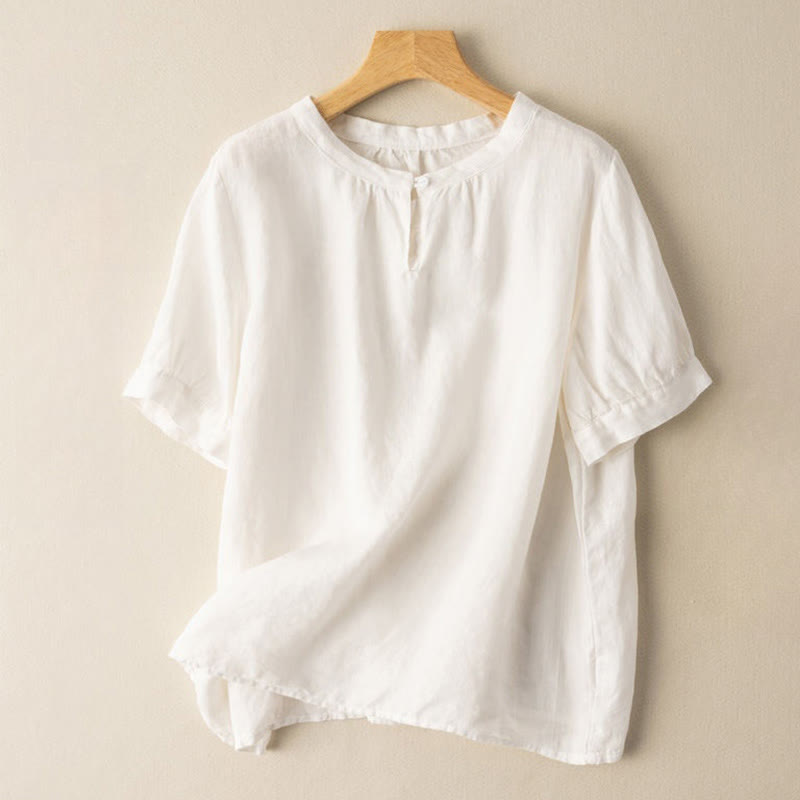 Chemise en lin décontractée pour femme, col rond uni, manches courtes, à boutons, motif Buddha Stones - Neige - US8-10，UK/AU12-14，EU40-42 (2XL) - image 2