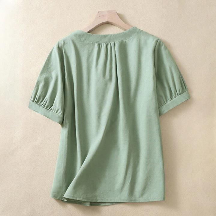 Chemise en lin décontractée pour femme, col rond uni, manches courtes, à boutons, motif Buddha Stones - Vert foncé - US8-10，UK/AU12-14，EU40-42 (2XL) - image 4
