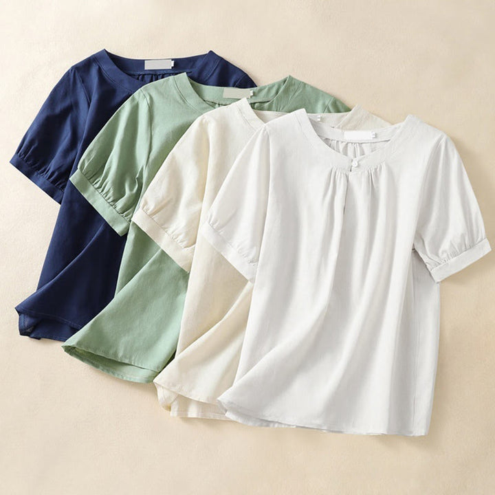 Chemise décontractée en coton et lin à manches courtes et col ras du cou pour femme, motif Buddha Stones - image 10