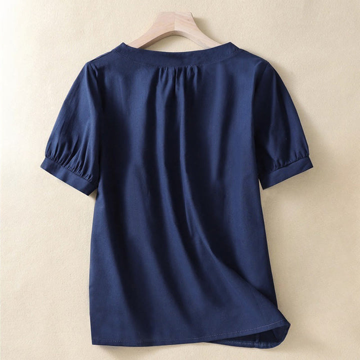 Chemise en lin décontractée pour femme, col rond uni, manches courtes, à boutons, motif Buddha Stones - image 7