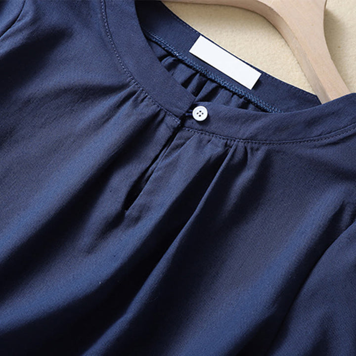 Chemise en lin décontractée pour femme, col rond uni, manches courtes, à boutons, motif Buddha Stones - image 8