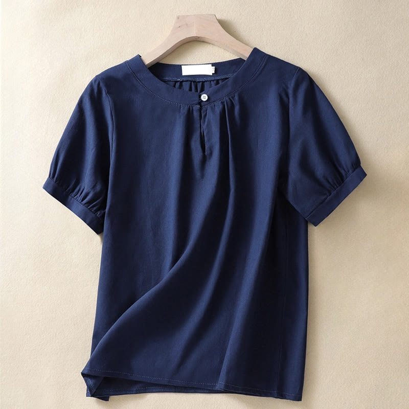 Chemise en lin décontractée pour femme, col rond uni, manches courtes, à boutons, motif Buddha Stones - Marine - US8-10，UK/AU12-14，EU40-42 (2XL) - image 6