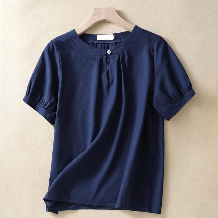 Chemise en lin décontractée pour femme, col rond uni, manches courtes, à boutons, motif Buddha Stones - Marine - US8-10，UK/AU12-14，EU40-42 (2XL) - image 6