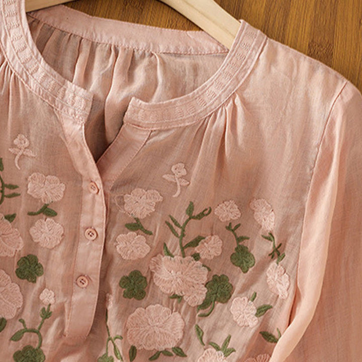 Chemise décontractée en coton et lin à manches mi-longues et col en V pour femme, motif fleurs et feuilles vertes brodées, motif Buddha Stones - image 2