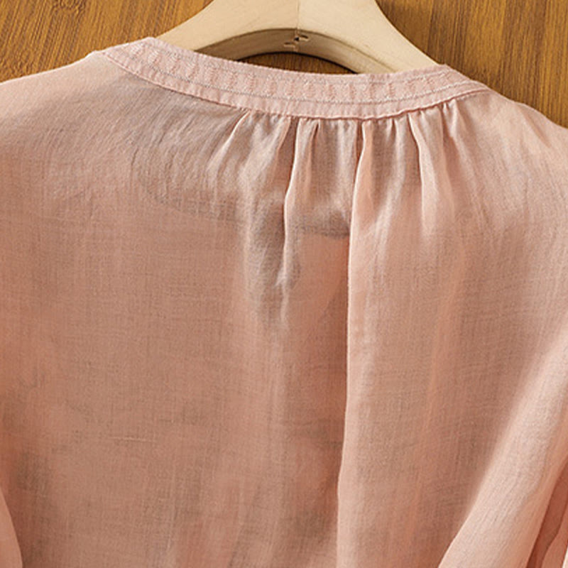 Chemise décontractée en coton et lin à manches mi-longues et col en V pour femme, motif fleurs et feuilles vertes brodées, motif Buddha Stones - image 5