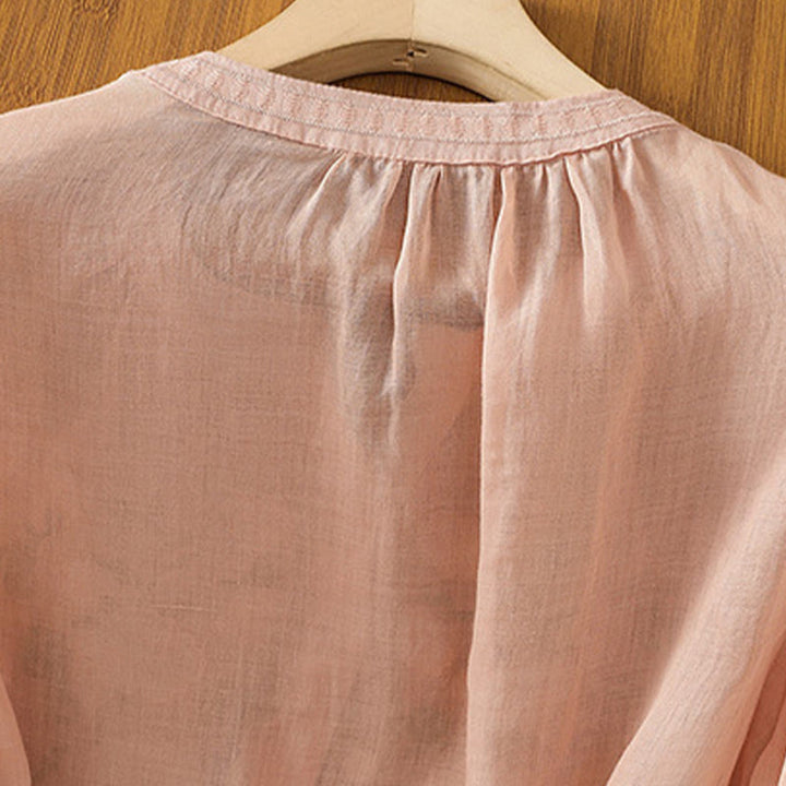 Chemise décontractée en coton et lin à manches mi-longues et col en V pour femme, motif fleurs et feuilles vertes brodées, motif Buddha Stones - image 5