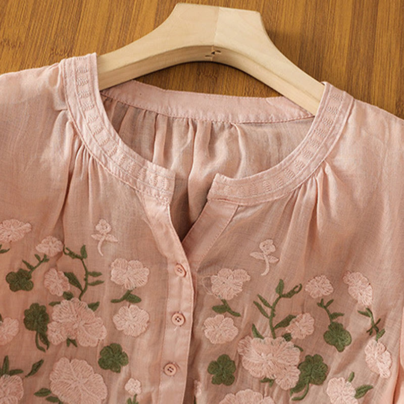 Chemise décontractée en coton et lin à manches mi-longues et col en V pour femme, motif fleurs et feuilles vertes brodées, motif Buddha Stones - image 7