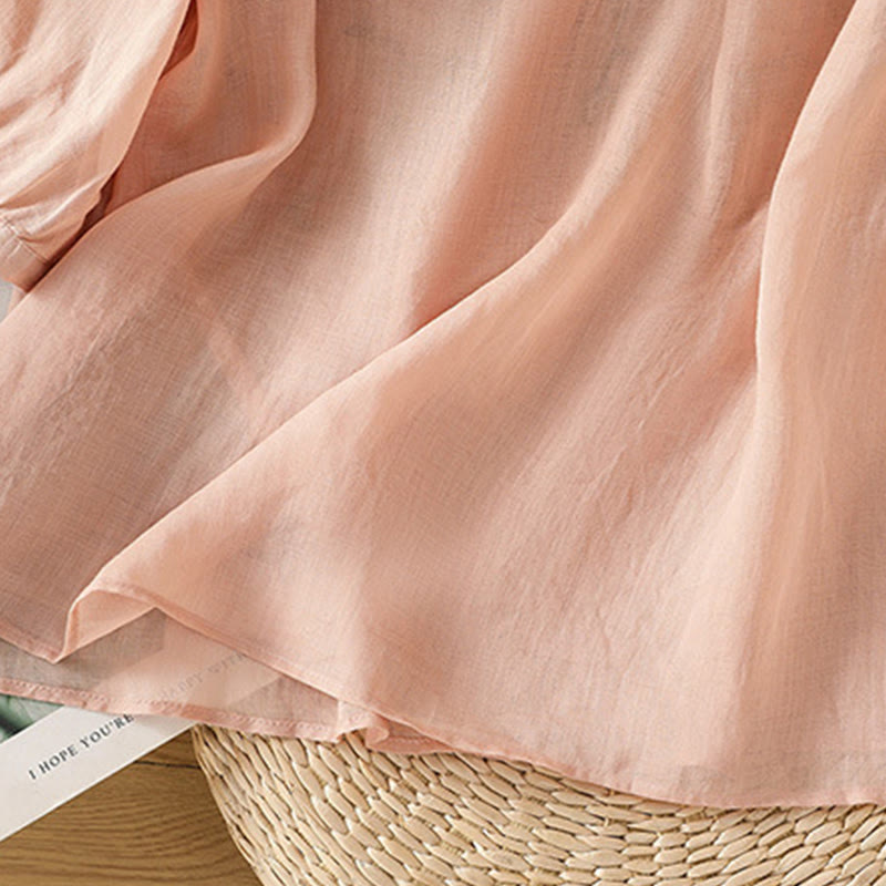 Chemise décontractée en coton et lin à manches mi-longues et col en V pour femme, motif fleurs et feuilles vertes brodées, motif Buddha Stones - image 6