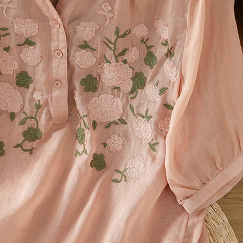Chemise décontractée en coton et lin à manches mi-longues et col en V pour femme, motif fleurs et feuilles vertes brodées, motif Buddha Stones - image 8