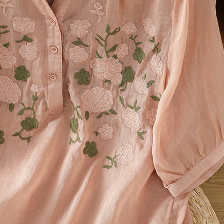 Chemise décontractée en coton et lin à manches mi-longues et col en V pour femme, motif fleurs et feuilles vertes brodées, motif Buddha Stones - image 8