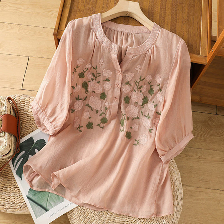 Chemise décontractée en coton et lin à manches mi-longues et col en V pour femme, motif fleurs et feuilles vertes brodées, motif Buddha Stones - image 1