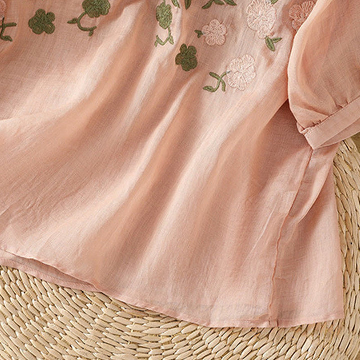 Chemise décontractée en coton et lin à manches mi-longues et col en V pour femme, motif fleurs et feuilles vertes brodées, motif Buddha Stones - image 3