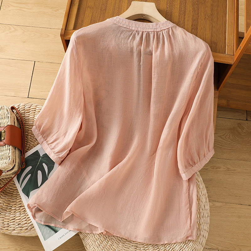 Chemise décontractée en coton et lin à manches mi-longues et col en V pour femme, motif fleurs et feuilles vertes brodées, motif Buddha Stones - image 4