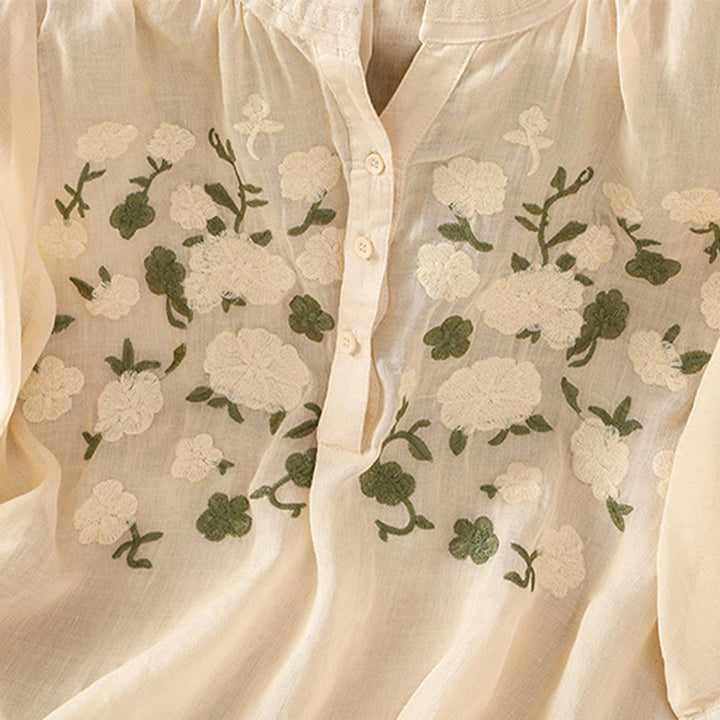Chemise décontractée en coton et lin à manches mi-longues et col en V pour femme, motif fleurs et feuilles vertes brodées, motif Buddha Stones - image 10