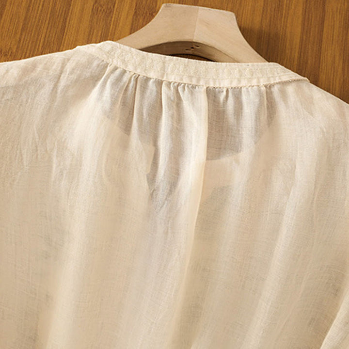 Chemise décontractée en coton et lin à manches mi-longues et col en V pour femme, motif fleurs et feuilles vertes brodées, motif Buddha Stones - image 14