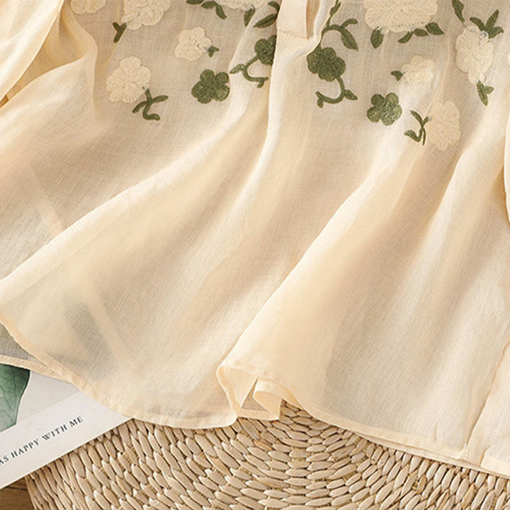 Chemise décontractée en coton et lin à manches mi-longues et col en V pour femme, motif fleurs et feuilles vertes brodées, motif Buddha Stones - image 13