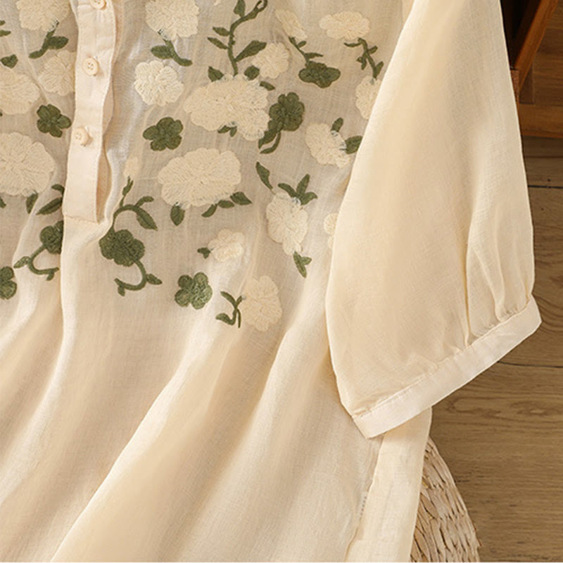 Chemise décontractée en coton et lin à manches mi-longues et col en V pour femme, motif fleurs et feuilles vertes brodées, motif Buddha Stones - image 15