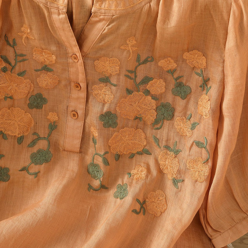 Chemise décontractée en coton et lin à manches mi-longues et col en V pour femme, motif fleurs et feuilles vertes brodées, motif Buddha Stones - image 17