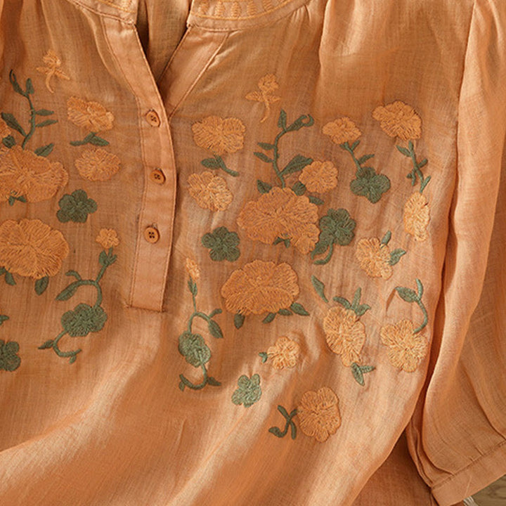 Chemise décontractée en coton et lin à manches mi-longues et col en V pour femme, motif fleurs et feuilles vertes brodées, motif Buddha Stones - image 17