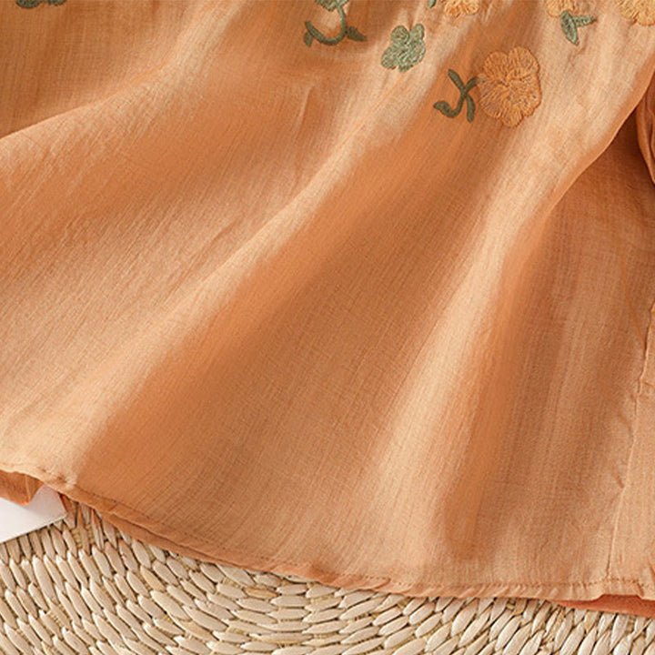 Chemise décontractée en coton et lin à manches mi-longues et col en V pour femme, motif fleurs et feuilles vertes brodées, motif Buddha Stones - image 19