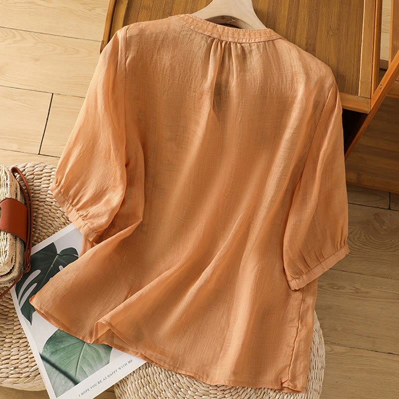 Chemise décontractée en coton et lin à manches mi-longues et col en V pour femme, motif fleurs et feuilles vertes brodées, motif Buddha Stones - image 20