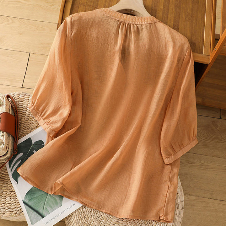 Chemise décontractée en coton et lin à manches mi-longues et col en V pour femme, motif fleurs et feuilles vertes brodées, motif Buddha Stones - image 20