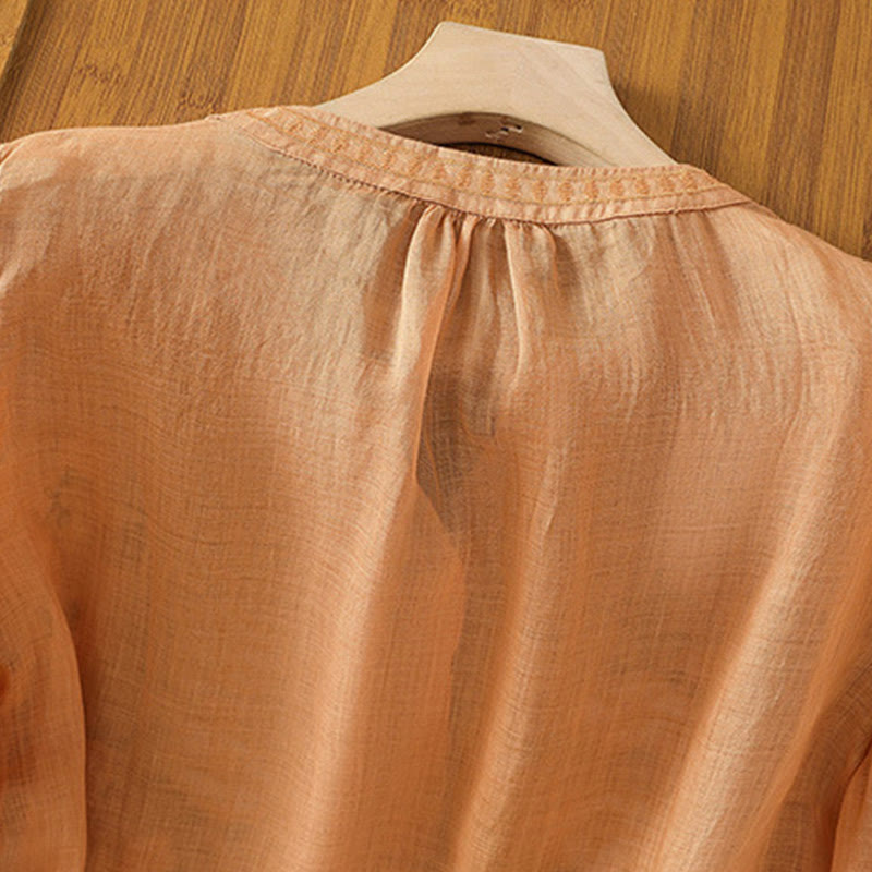 Chemise décontractée en coton et lin à manches mi-longues et col en V pour femme, motif fleurs et feuilles vertes brodées, motif Buddha Stones - image 21